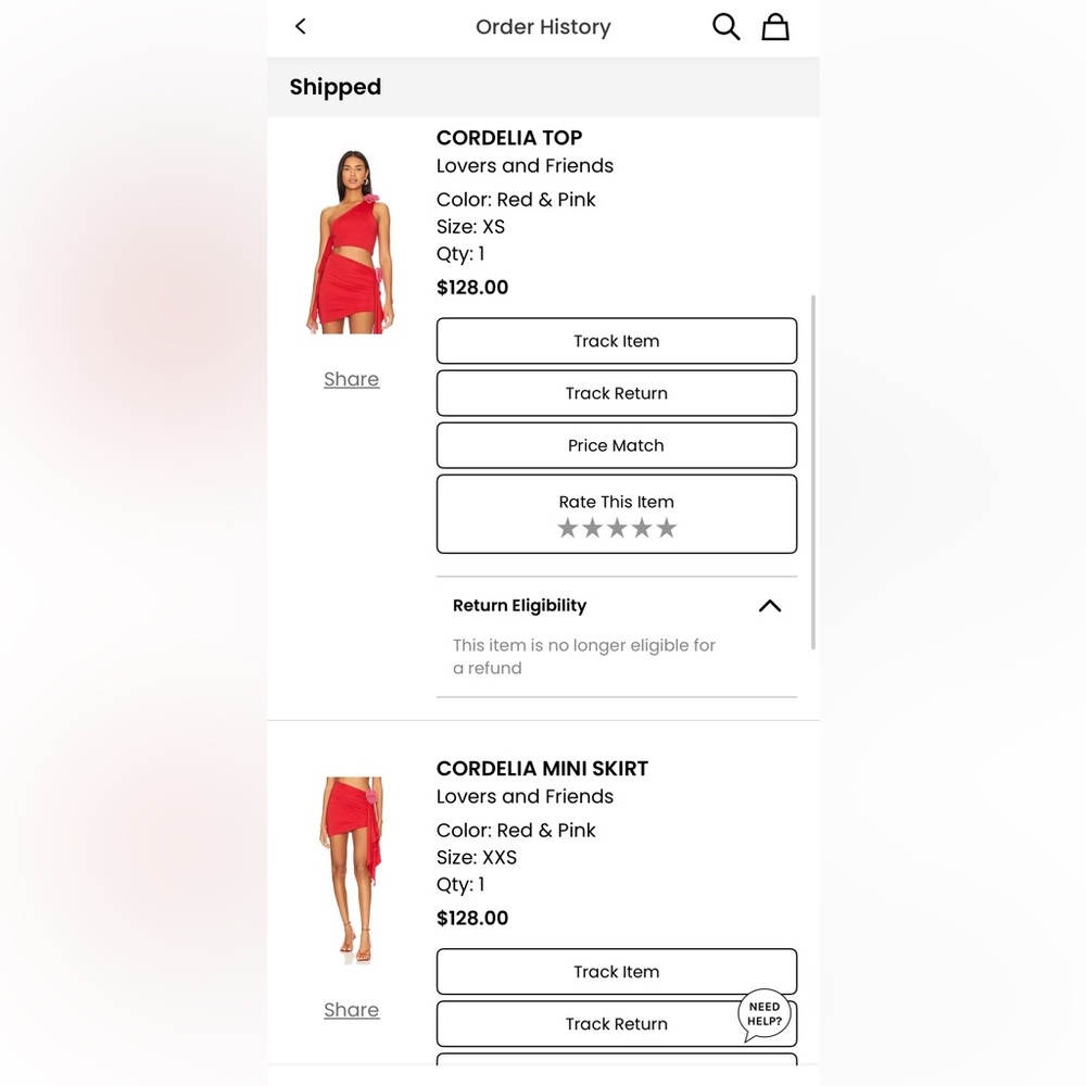 Lovers + Friends Red Cordelia Top Size XS and Mini Skirt Size XXS